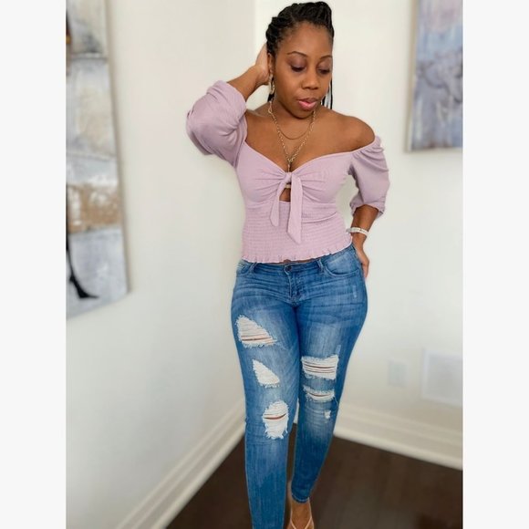 (NWT) Smocked Keyhole Off-Shoulder Top - Lilac - Picture 2 of 7